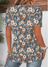 Floral Print Curved Hem Peacock Blue T Shirt