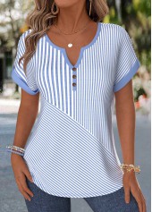 Geometric Print Tummy Coverage Blue Short Sleeve Blouse