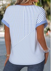 Geometric Print Tummy Coverage Blue Short Sleeve Blouse