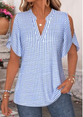 Striped Curved Hem Blue Half Sleeve Split Neck Blouse