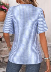 Striped Curved Hem Blue Half Sleeve Split Neck Blouse