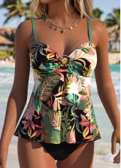 Tropical Plants Print Cut Out Sage Green Tankini Top-No Bottom