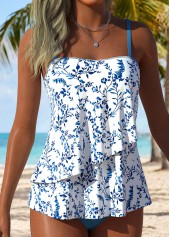 Mid Waisted Ditsy Floral Print Layered Blue Tankini Set