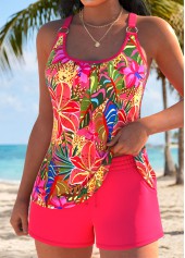 Mid Waisted Tropical Plants Print Pocket Coral Tankini Set