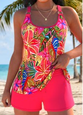 Mid Waisted Tropical Plants Print Pocket Coral Tankini Set