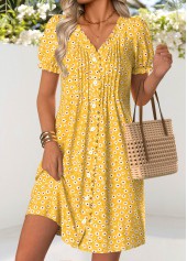 Ditsy Floral Print Tuck Stitch Yellow Short Dress