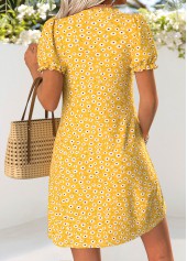 Ditsy Floral Print Tuck Stitch Yellow Short Dress