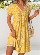 Ditsy Floral Print Tuck Stitch Yellow Short Dress