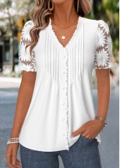 Frill White Short Sleeve V Neck T Shirt