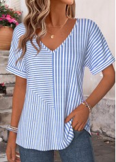 Striped Curved Hem Blue Short Sleeve T Shirt