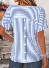 Striped Curved Hem Blue Short Sleeve T Shirt