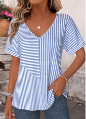 Striped Curved Hem Blue Short Sleeve T Shirt