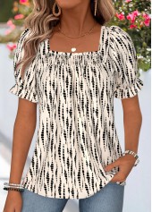 Polka Dot Smocked Beige Short Sleeve Square Neck Blouse