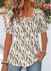 Polka Dot Smocked Beige Short Sleeve Square Neck Blouse