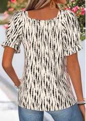 Polka Dot Smocked Beige Short Sleeve Square Neck Blouse