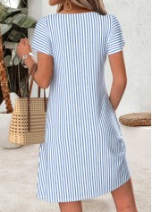 Striped Tummy Coverage Blue Short Asymmetrical Neck Dress