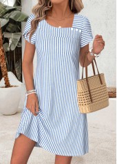 Striped Tummy Coverage Blue Short Asymmetrical Neck Dress