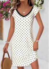 Polka Dot Tummy Coverage Beige Short V Neck Dress