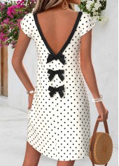 Polka Dot Tummy Coverage Beige Short V Neck Dress