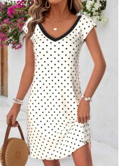 Polka Dot Tummy Coverage Beige Short V Neck Dress