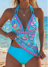 Mid Waisted Tribal Print Lace Up Cyan Tankini Set