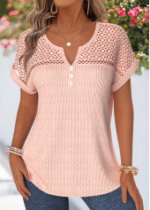 Patchwork Light Pink Short Sleeve Split Neck Blouse