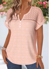 Patchwork Light Pink Short Sleeve Split Neck Blouse
