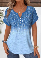 Ombre Tummy Coverage Blue Short Sleeve Split Neck Blouse