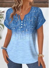 Ombre Tummy Coverage Blue Short Sleeve Split Neck Blouse