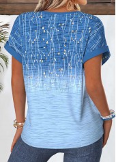 Ombre Tummy Coverage Blue Short Sleeve Split Neck Blouse
