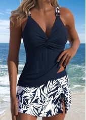 Mid Waisted Floral Print Surplice Navy Tankini Set