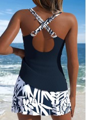 Mid Waisted Floral Print Surplice Navy Tankini Set