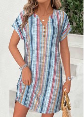 Striped Tummy Coverage Multi Color Short Split Neck Dress
