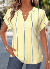 Striped Curved Hem Light Yellow Short Sleeve Blouse