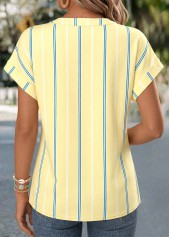 Striped Curved Hem Light Yellow Short Sleeve Blouse