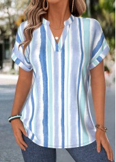 Geometric Print Tummy Coverage Light Blue Short Sleeve Blouse