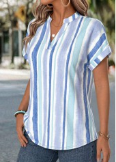 Geometric Print Tummy Coverage Light Blue Short Sleeve Blouse
