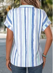 Geometric Print Tummy Coverage Light Blue Short Sleeve Blouse