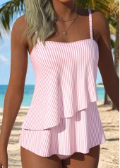 Mid Waisted Striped Layered Pink Tankini Set
