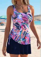 Mid Waisted Paisley Print Drawstring Multi Color Tankini Set