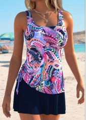 Mid Waisted Paisley Print Drawstring Multi Color Tankini Set