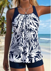 Mid Waisted Tropical Plants Print Two-piece Blue Tankini Set