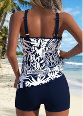 Mid Waisted Tropical Plants Print Two-piece Blue Tankini Set