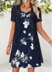 Floral Print Two-piece Navy Short Dress and Cardigan
