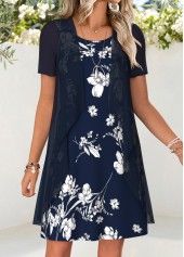 Floral Print Two-piece Navy Short Dress and Cardigan