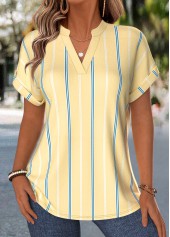 Striped Tummy Coverage Yellow Short Sleeve V Neck Blouse