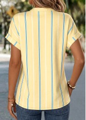 Striped Tummy Coverage Yellow Short Sleeve V Neck Blouse