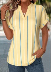 Striped Tummy Coverage Yellow Short Sleeve V Neck Blouse