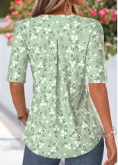 Ditsy Floral Print Curved Hem Sage Green Blouse