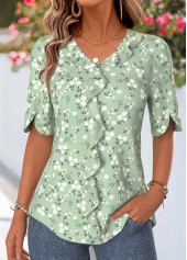 Ditsy Floral Print Curved Hem Sage Green Blouse